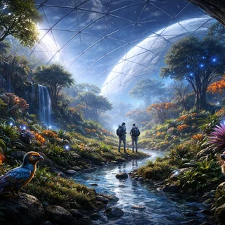 Eine transparente Glaskuppel auf der Oberfläche eines fremden Planeten, in deren Innerem ein grüner Wald mit irdischer Vegetation gedeiht, kontrastiert durch die karge, rote Planetenlandschaft im Außenbereich.