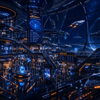 Blick in den weitläufigen, hell erleuchteten Korridor einer futuristischen Raumstation mit metallischen Wänden, großen Fensterfronten und technischen Anzeigen.“