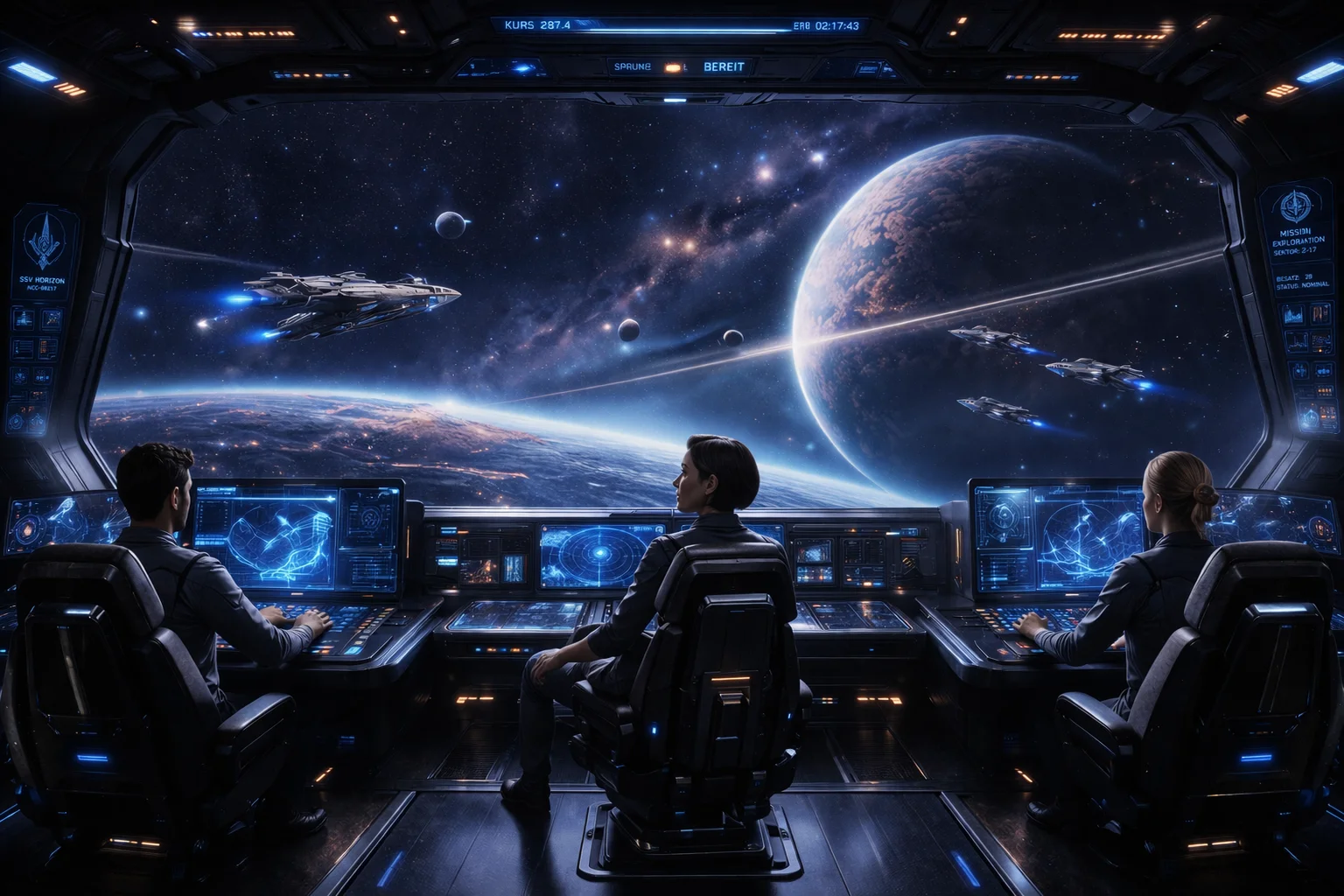 Futuristische Kommandozentrale eines Raumschiffs mit großen Panoramafenstern, die den Blick auf den Weltraum freigeben, beleuchteten Kontrollpulten und modernen Arbeitsstationen.