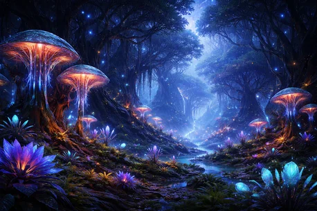 Ein surrealer, außerirdischer Garten auf einem fremden Planeten mit leuchtenden, exotischen Pflanzen, fremdartigen Felsformationen und einem Blick auf einen fernen Planeten am dunklen Sternenhimmel.