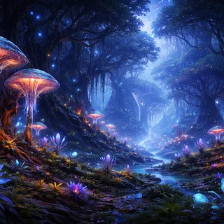 Ein surrealer, außerirdischer Garten auf einem fremden Planeten mit leuchtenden, exotischen Pflanzen, fremdartigen Felsformationen und einem Blick auf einen fernen Planeten am dunklen Sternenhimmel.