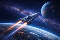 Detailreiche Illustration eines Sci-Fi-Raumschiffs im Flug, umgeben von kosmischen Gasnebeln und funkelnden Sternen.
